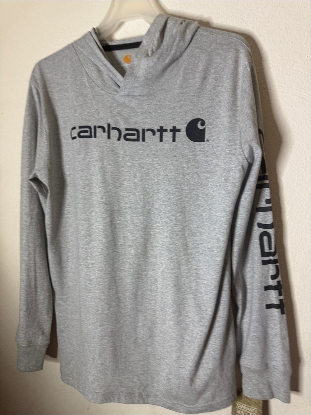 Carhartt 100 percent cotton Gray Hooded Long-Sleeve Logo Tee sz 14/16 boys